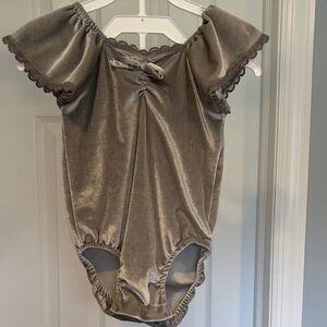 Girls Velvet One-Piece in Taupe with Ruffle Sleeves